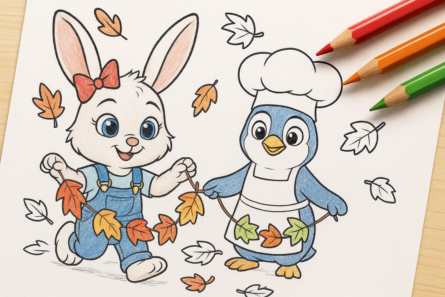 Illustration de l’article Coloriages d’automne : Nougatine et ses amis en 3 scènes à imprimer