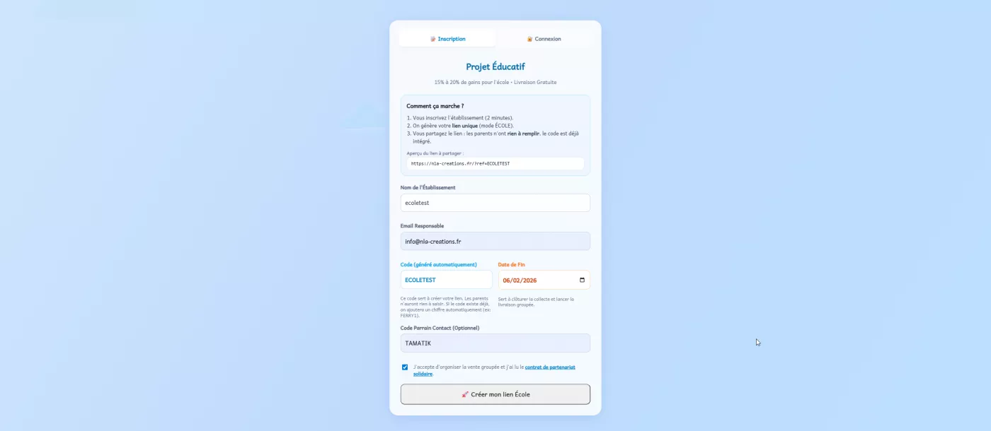 Page de création pour le lien de la vente groupée