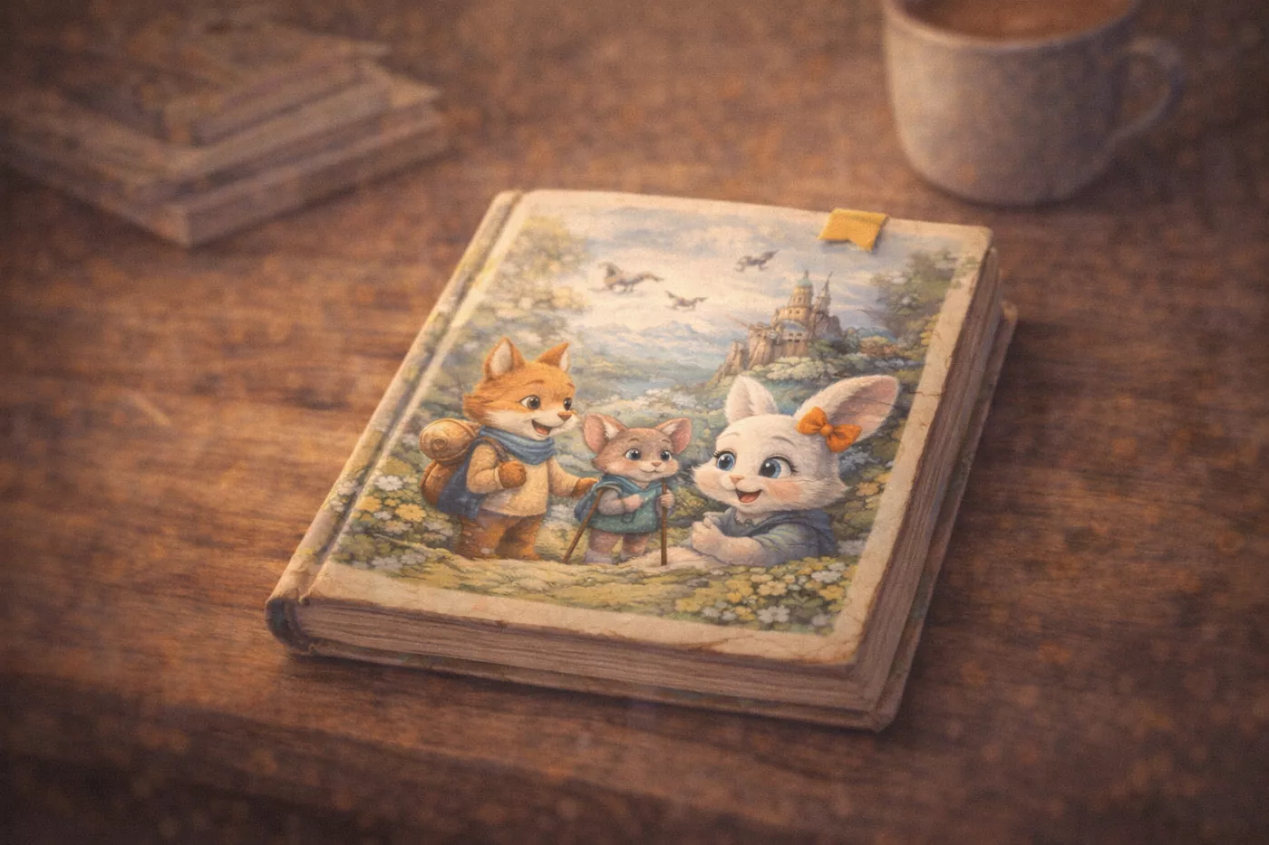 Livre jeunesse posé sur une table en bois, lumière douce