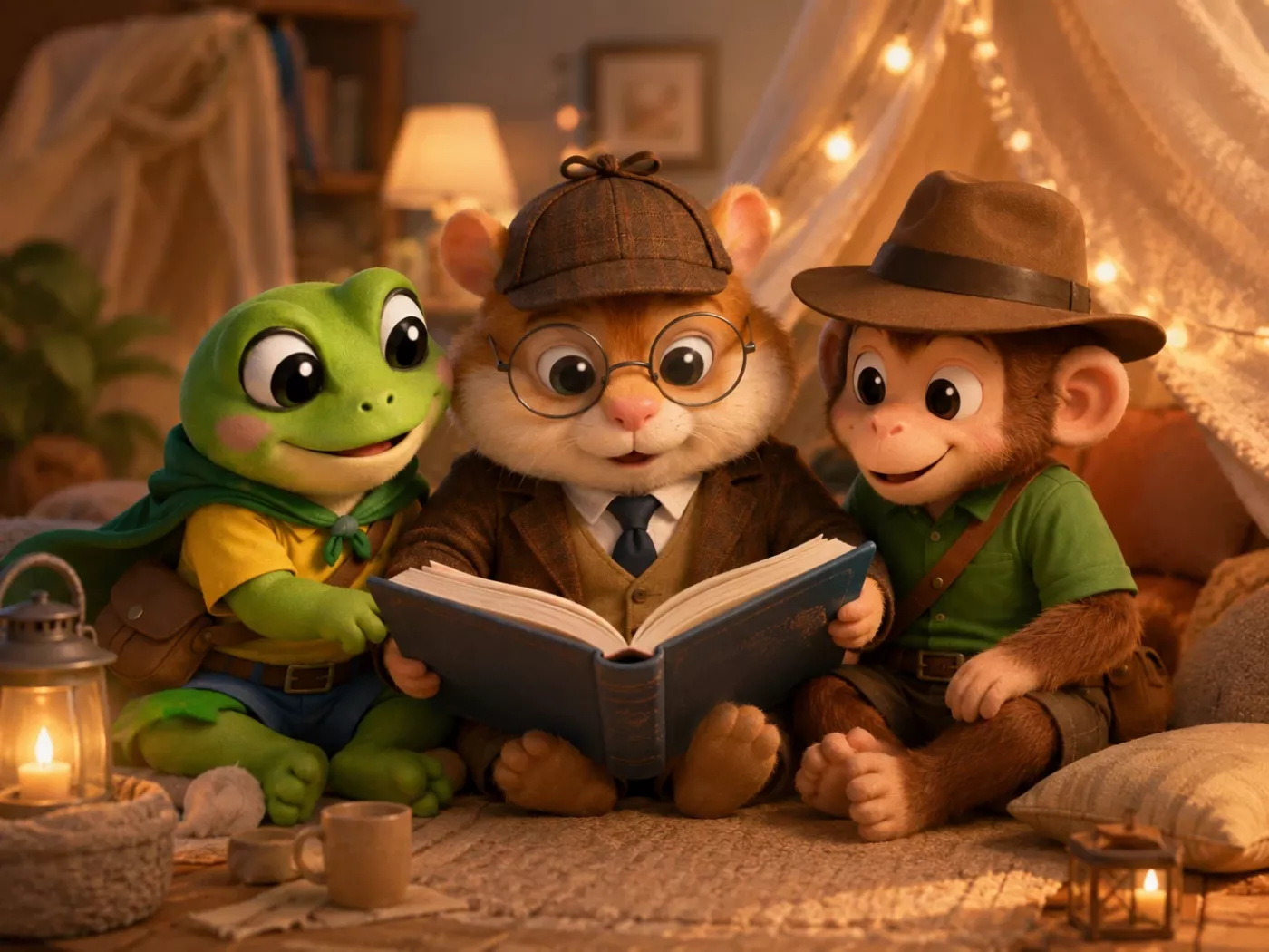 Les personnages de NLA Créations partagent une lecture dans une ambiance chaleureuse
