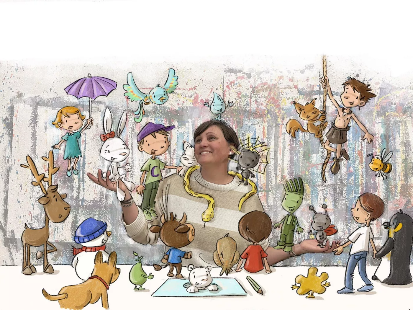 Nicole Devals entourée de personnages de son univers illustré