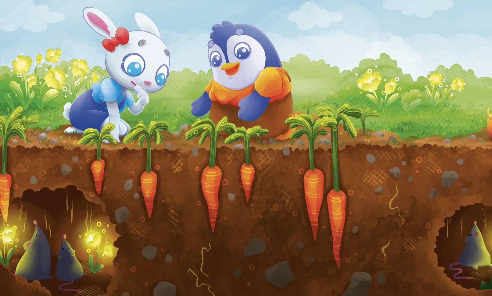 Nougatine et Bleuet découvrent que les carottes poussent sous la terre dans le potager