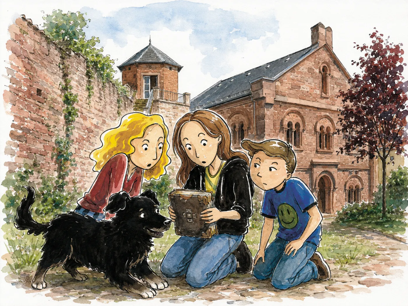 Léna, Louise et Noah lisent le journal de 1941 avec Hestia dans Le Secret des remparts