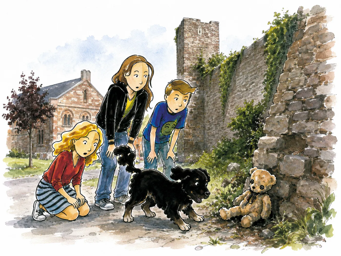 Léna, Louise, Noah et Hestia découvrent un vieux nounours près des remparts de Westhoffen