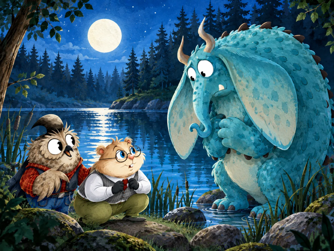 Gasparino, Franz et Néni au bord d’un lac vosgien sous la pleine lune